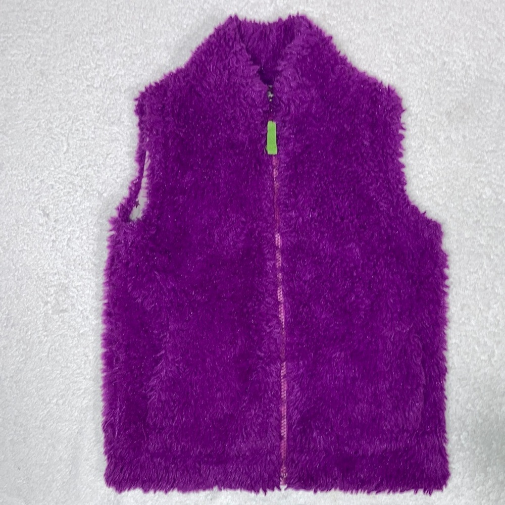 Mini Boden purple shaggy fleece zip up vest 5/6